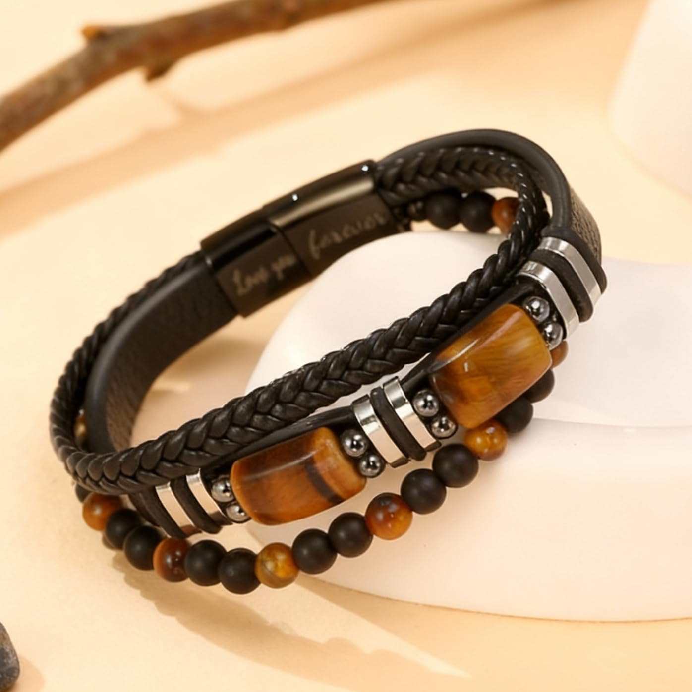 Mens Leather Bracelet with Tiger Eye Beads Love You Forever Engrave Mens Birthday Gift Ideas Gifts for Boyfriend Son Grandson Husband Man - Image 3