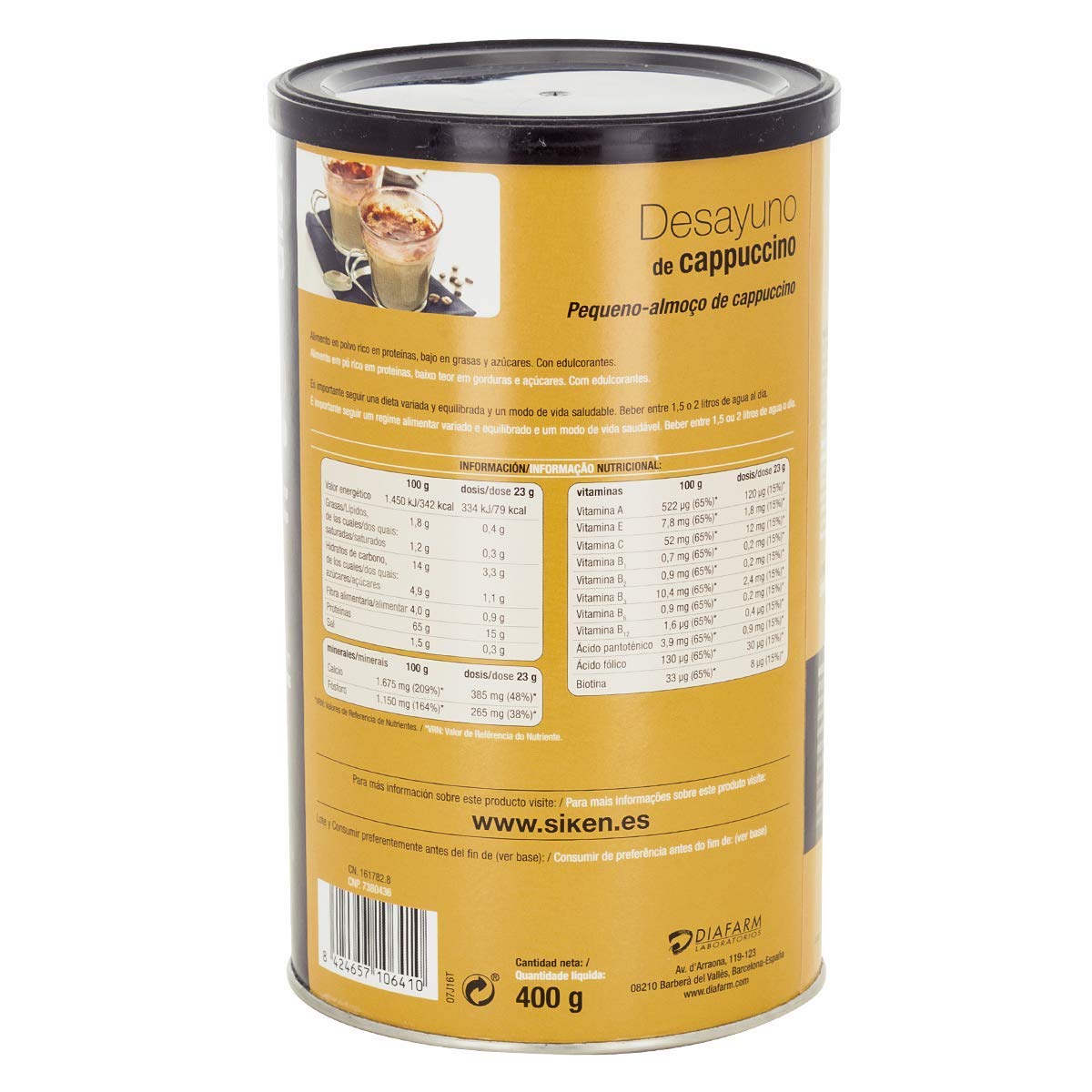 Siken Diet - Desayuno de Cappuccino, Bote de 400 g