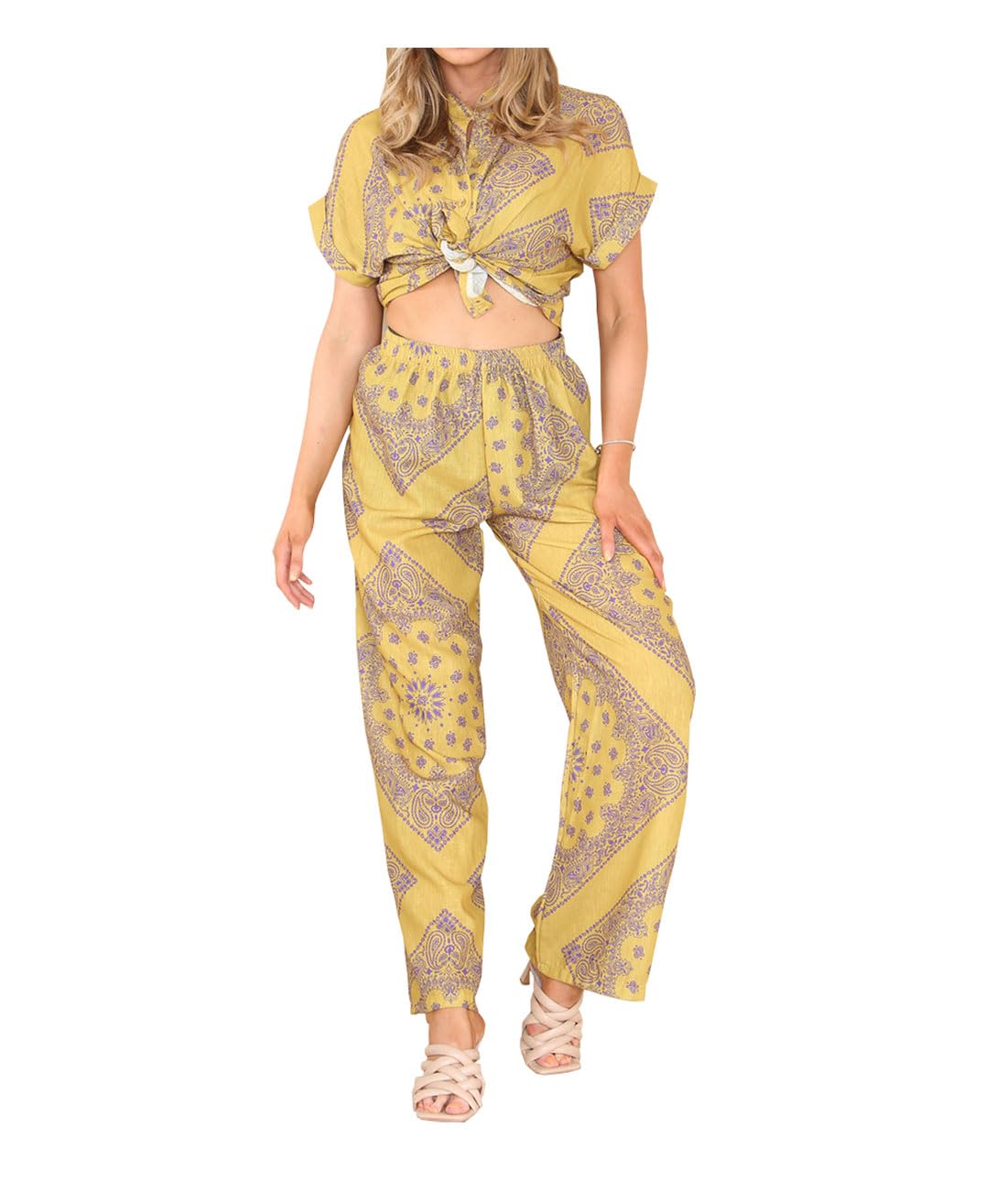 Ladies Short Sleeve Linen Printed Look Shirt Set Womens Co-Ord Elacticated Waist Trouser Tracksuit