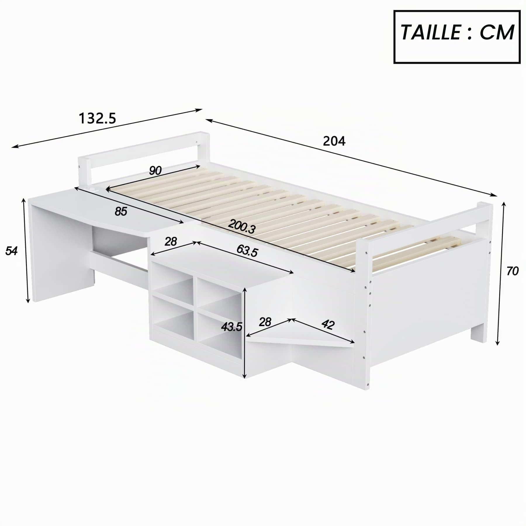 YEHTOKHOME Lit Multifonctionnel en Bois de 90 x 200 cm avec Bureau et Armoire de Rangement,Moderne lit Simple pour Enfant avec 2 Ports USB et Prise électrique(sans Matelas) (B, Blanc)