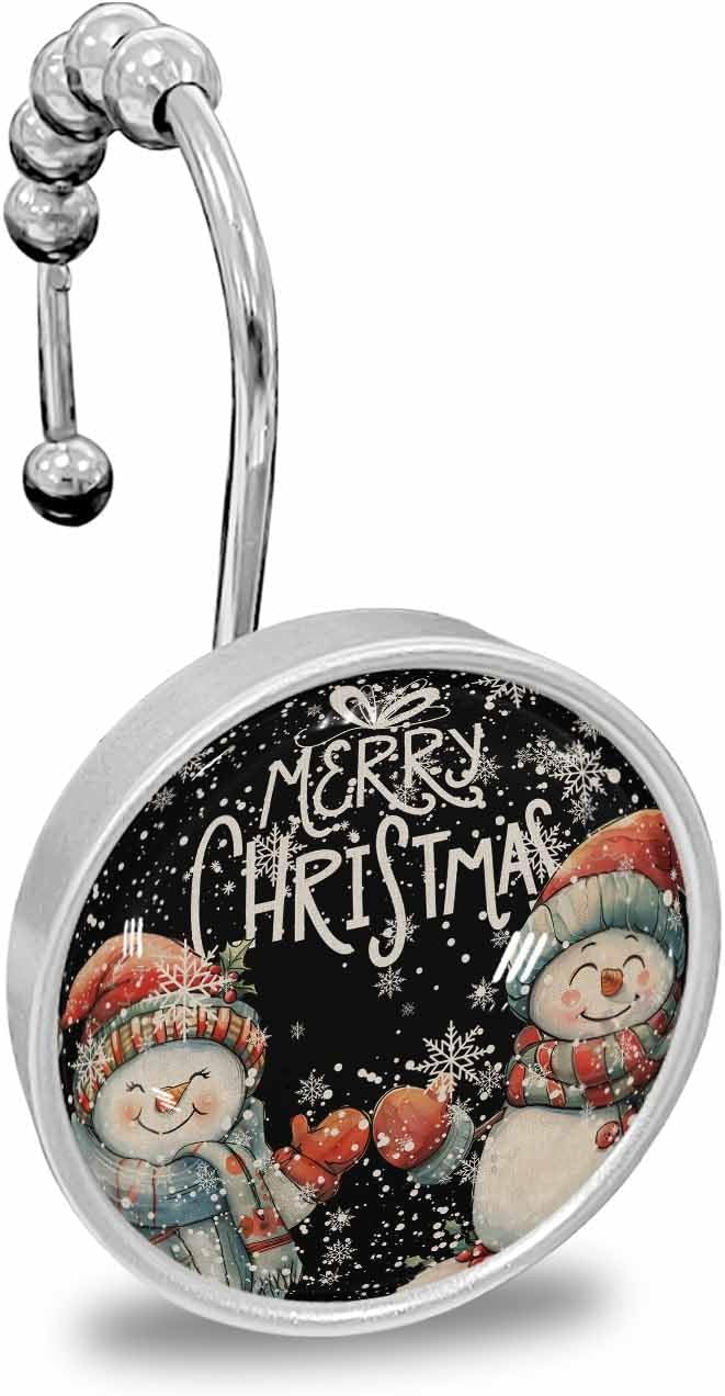 Shower Curtain Hooks 12 Pcs Christmas Vintage Watercolor Snowflakes Snowman Black Stainless Steel Rust Proof Rolling Shower Curtain Rings, Decorative Shower Curtain Hooks Hangers for Bathroom