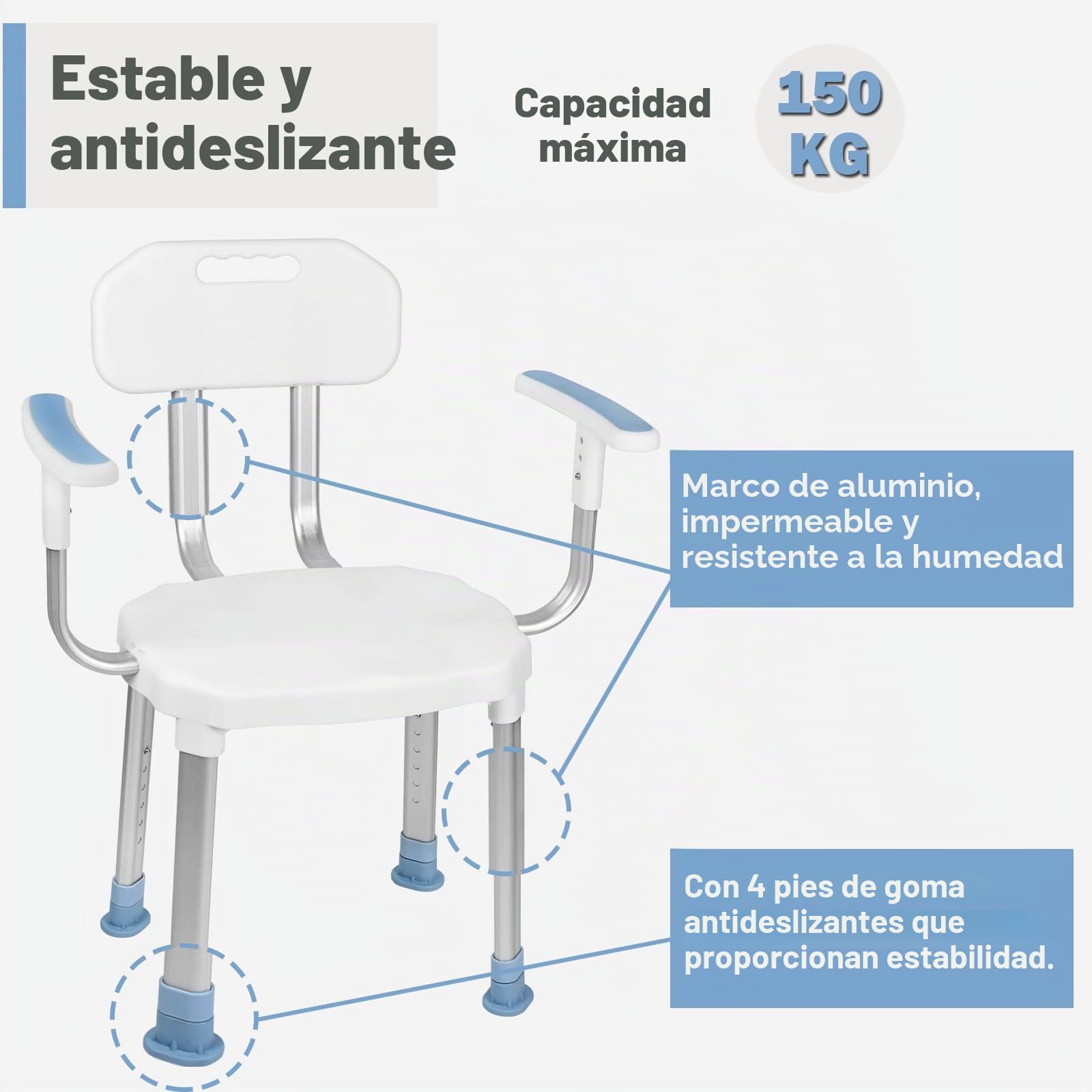 UISEBRT Silla de Ducha Con Reposabrazos y Respaldo, Taburete Regulable en Altura, Pies de Goma Antideslizantes, Ayuda Para la Ducha, Asiento Hasta 150 kg