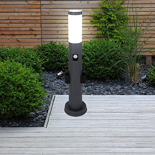 etc-shop LED Wegleuchte Außen mit Bewegungsmelder, 2x Steckdose, Sockelleuchte Gartenleuchte, Edelstahl Anthrazit, IP44, H 60cm, Garten, Veranda, Hof Weg Cover
