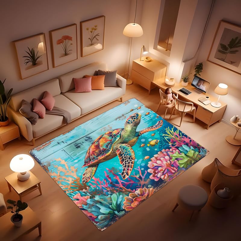 Turtle Carpet, Turtles can Easily Walk Through The Ocean, with a Simple and Cute Appearance. Fun Living Room Bedroom Rug Decoration sea Animals Watercolor, Children's Rug 24x36inch