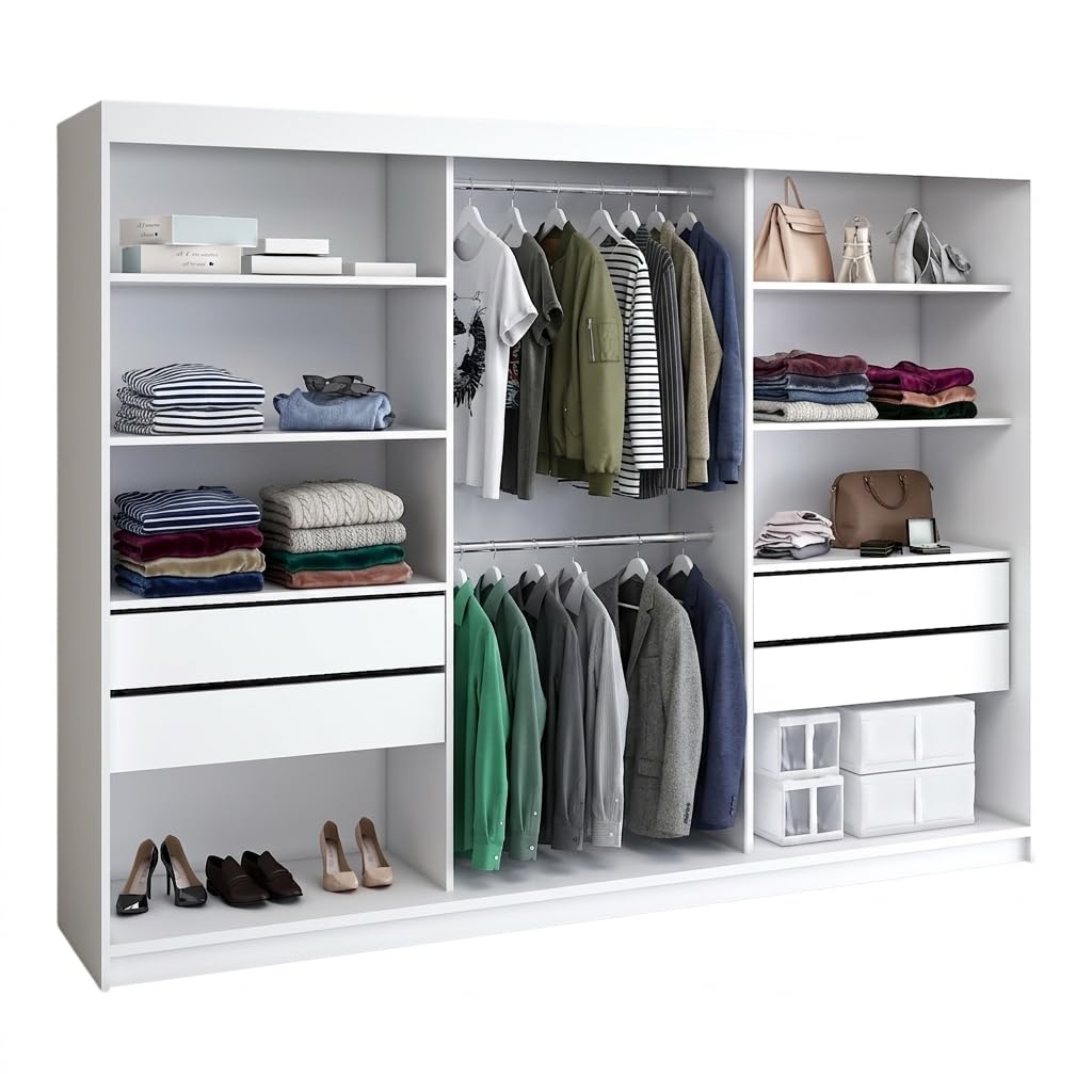 A&J MöbelLand BELANO Kleiderschrank mit Spiegel, Schwebetürenschrank 200 x 215 x 59,5 cm, 4 Schubladen, Kleiderstangen und Einlegeböden, Weiß/Graphit, Premium