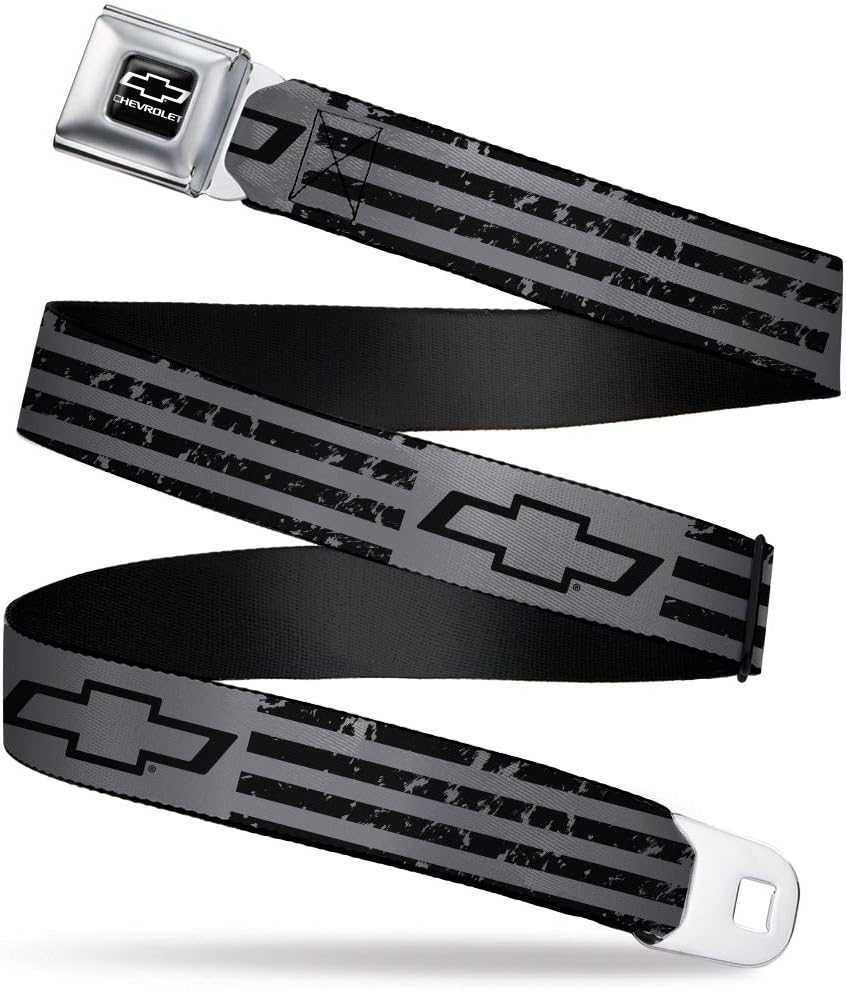 GM General Motors Belt, Seatbelt Buckle Belt, Chevrolet Bowtie Americana Stripes Weathered Gray Black, Adjustable