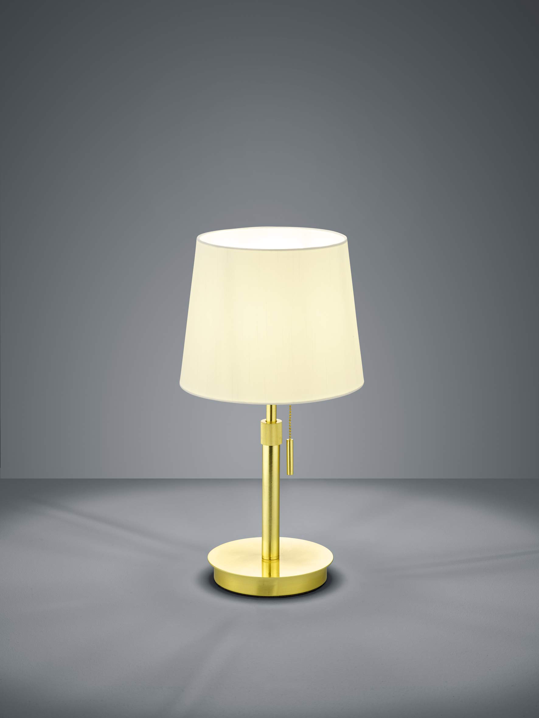 Trio Leuchten Moderne Tischlampe LYON mit verstellbarem Fuß in Messing matt, Stoffschim in Weiß und Zugschalter