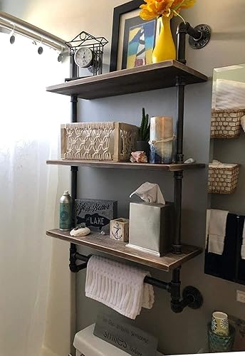 SSS Furniture Estante industrial de tubería para baño, estantes de pared montados en la pared, 2 niveles de 19.6 pulgadas de madera rústica,