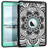 Hocase iPad Mini 4 A1538/A1550 Case, Rugged Hybrid Double Layer Shockproof Protective Hard Rubber Case for Apple iPad Mini 4 Retina - Flower/Aqua