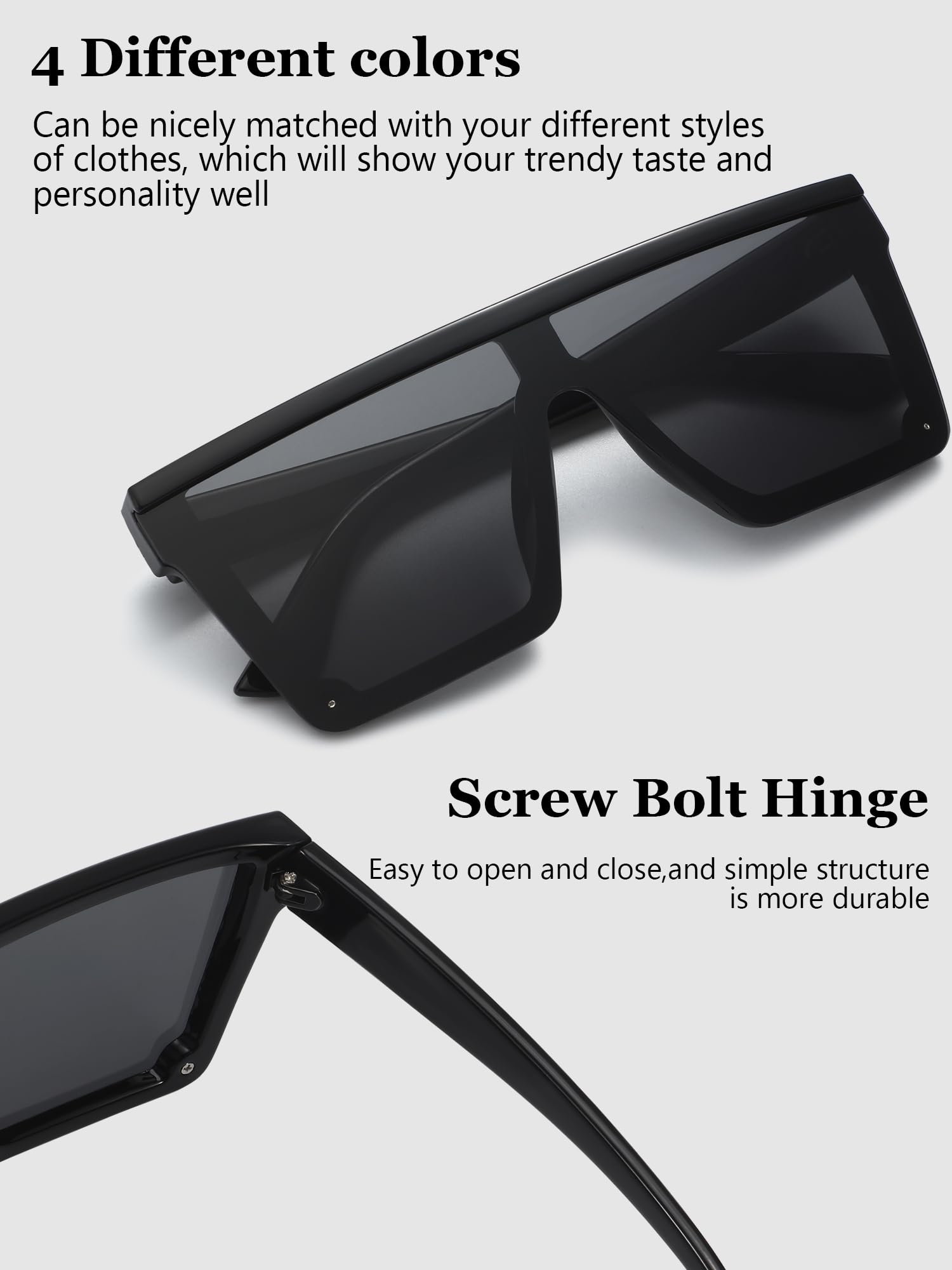 4 pares de lentes de sol de gran tamaño con parte superior plana vintage, gafas de sol cuadradas unisex para mujeres y hombres, Azul hielo, gris, plata, marrón degradado 5