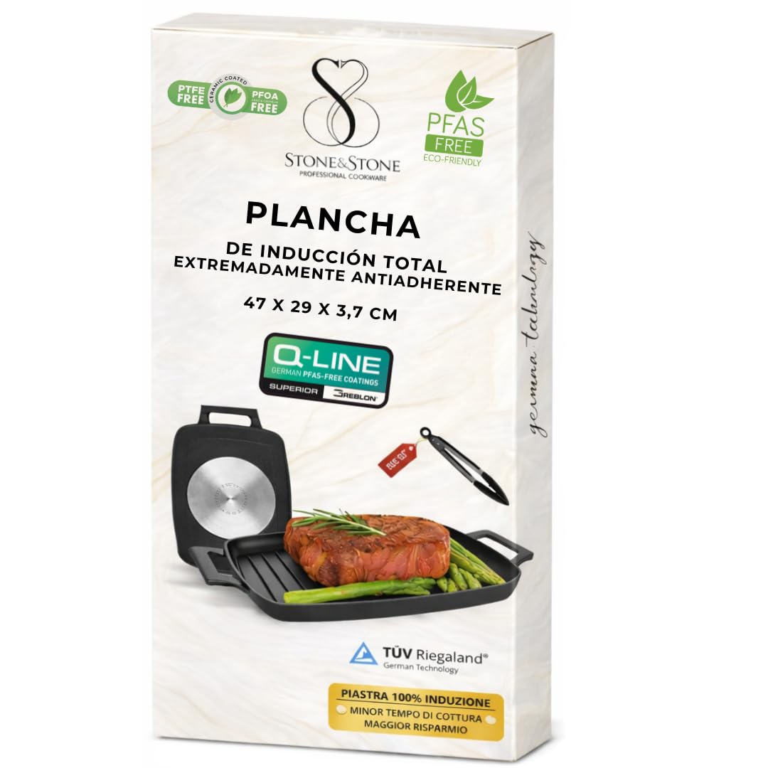 Stone&Stone Plancha Grill Inducción Rectangular 47 cm con Pinza, Plancha BBQ Antiadherente con Revestimiento Cerámico Alemán, Base de Acero Completo, Apta para Gas y Horno, Sin PFAS, PFOA ni PTFE