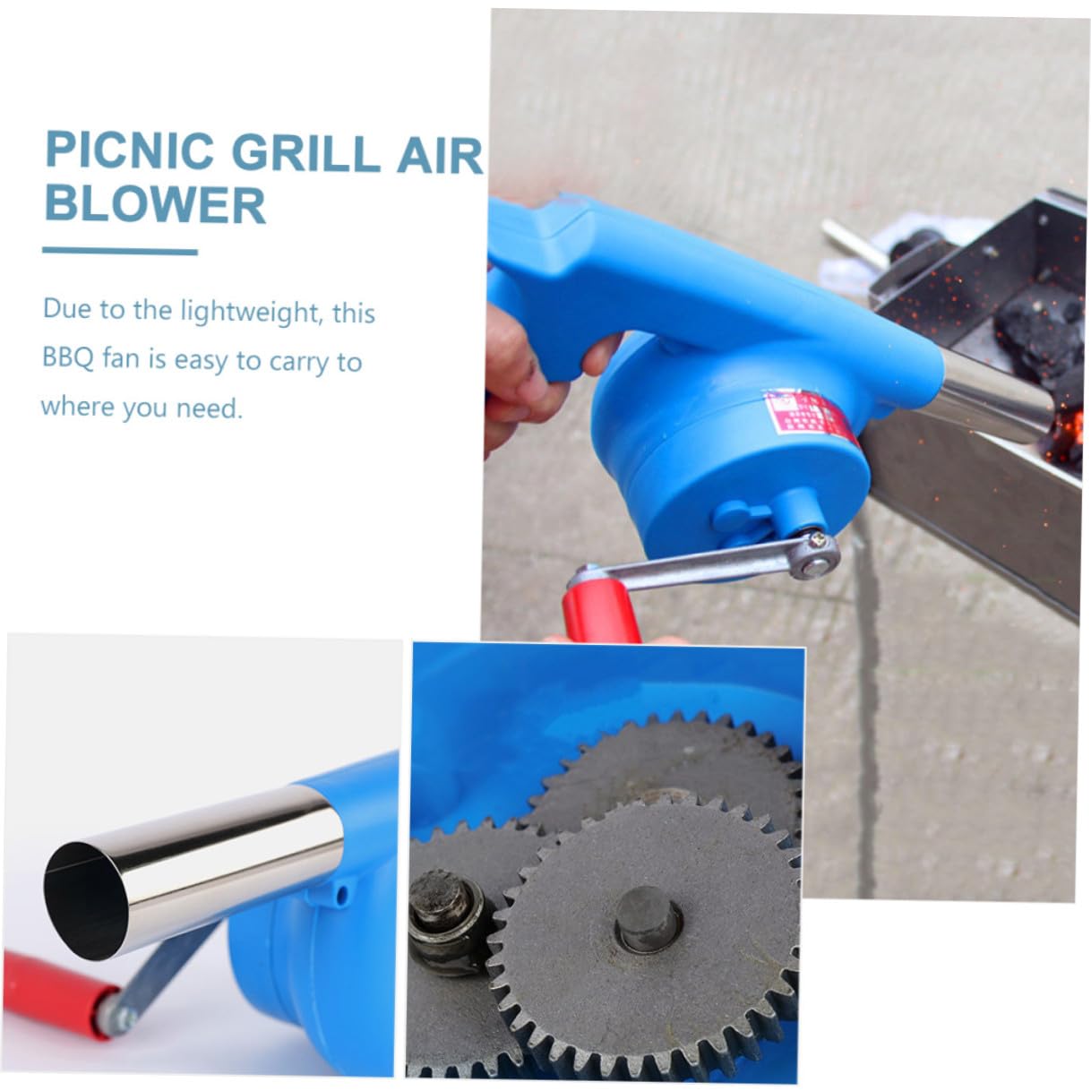 Soplador de Aire Manual para Barbacoa al Aire Libre Ventilador de Manivela Azul Engranajes de Hierro Fundido Herramienta Portátil para Encender Fuego Parrillas y Fogatas