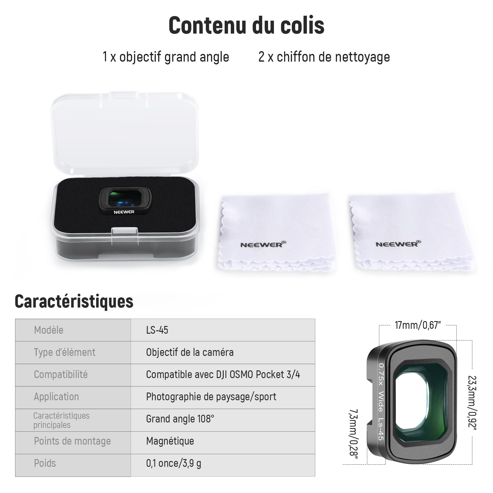 NEEWER Objectif Grand Angle 0,75x Compatible DJI Osmo Pocket 4 3 Xtra Muse Creator Combo, Asphérique Multicouche Magnétique FOV 108° pour Caméra d'Action