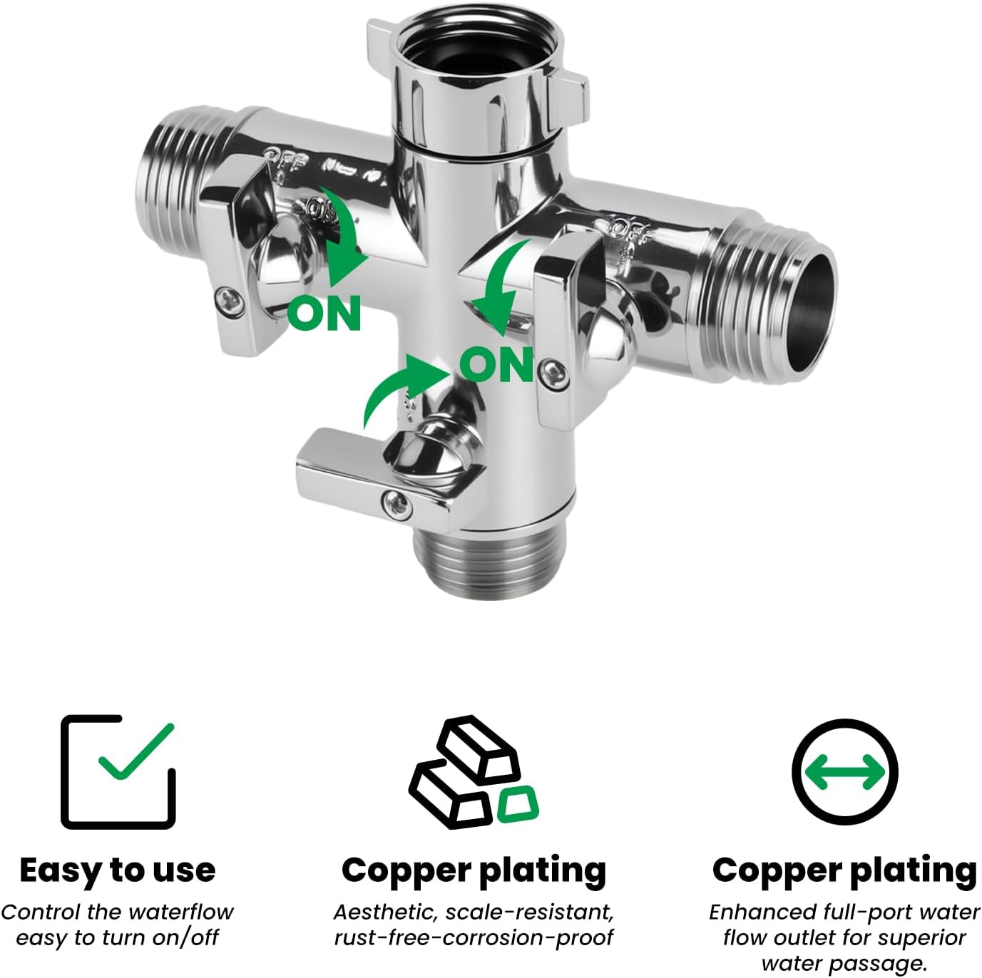 Watflow 3 Way Garden Hose Splitter, High Flow Heavy Duty Garden Hose Splitter with Extension Handles and Individual On/Off Valve,6 Rubber Hose Washers Included,for Garden Outdoor Home(Chrome)