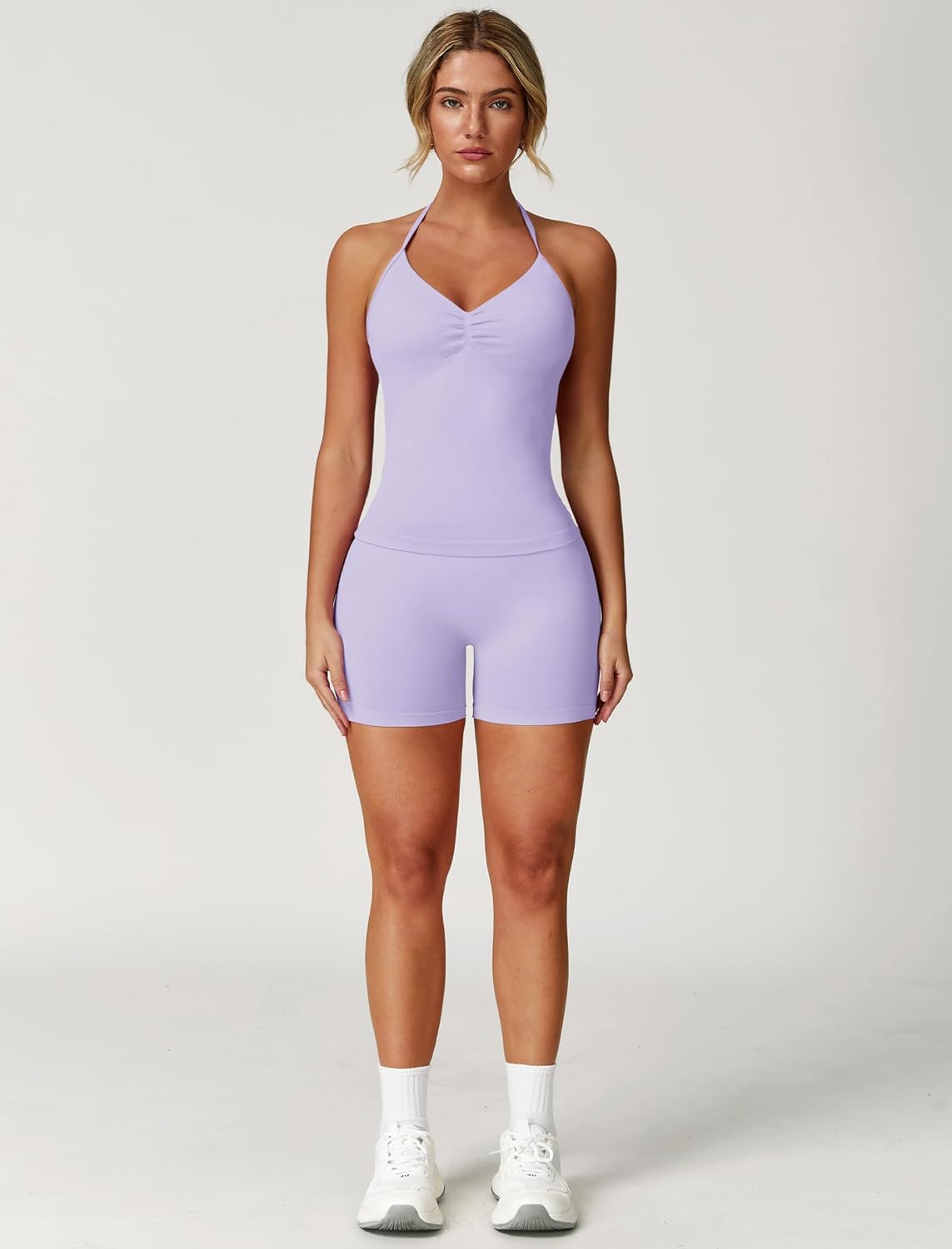 ABOCIW Workout Sets for Women 2 Piece Seamless Impact Longline Strappy Top Scrunch Butt High Waist Biker Shorts Gym Set