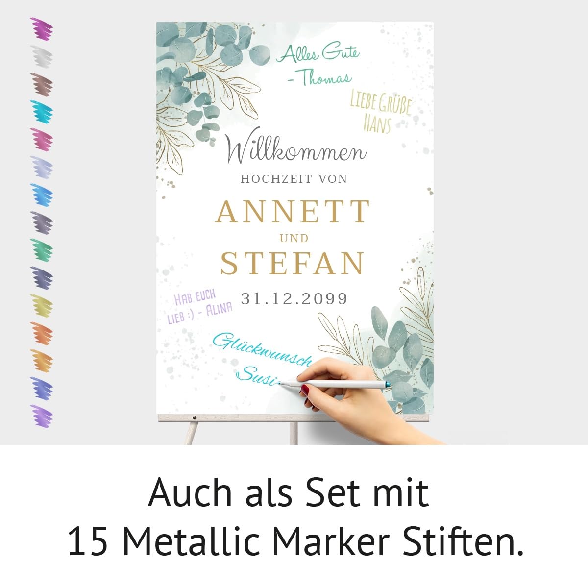 Personalisiertes Willkommensschild zur Hochzeit, Größe wählbar: DIN A3, A2 oder A1 - Eukalyptus Design - mit intensivem UV-Druck mit Ihren Namen, Datum und Text, 3mm Dick