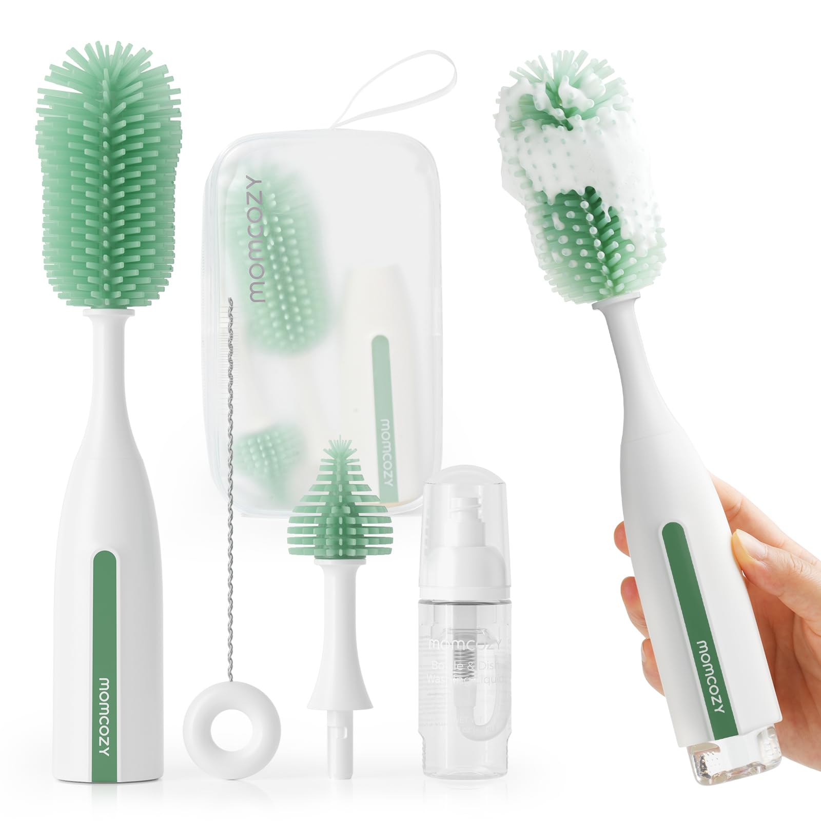 Momcozy Bottle Brush Kit Pro, Innovative Push-Press Design for Deep Cleaning - Bottle Cleaner Brush for Bottle/Breast Pumps/Nipple - Clog-Free Brush & Foam-Generating Design for Better Cleaning, Green