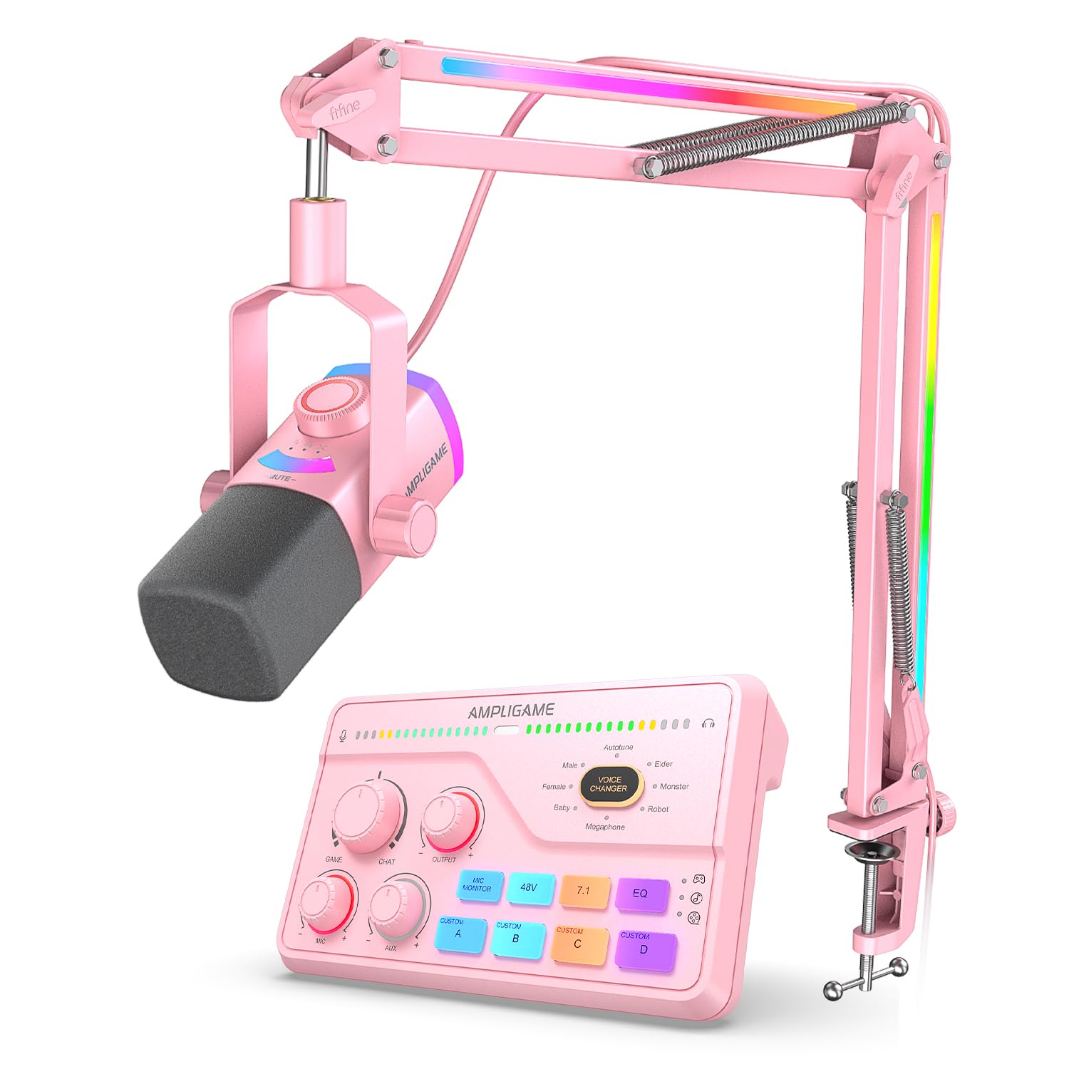 FIFINE Streaming Microphone & Mixer Kit, XLR/USB Dynamic Mic with RGB Adjustable Boom Arm, 3-in-one Gain Knob, 7.1 Surround Sound Mixer with XLR Interface for PC/Podcast/Recording-(AM8PROTP+SC8P)