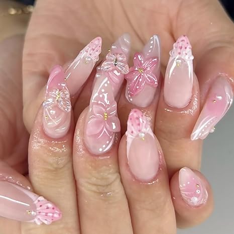 💖 Pink Summer Nails: 3D Flower & Butterfly Press-Ons