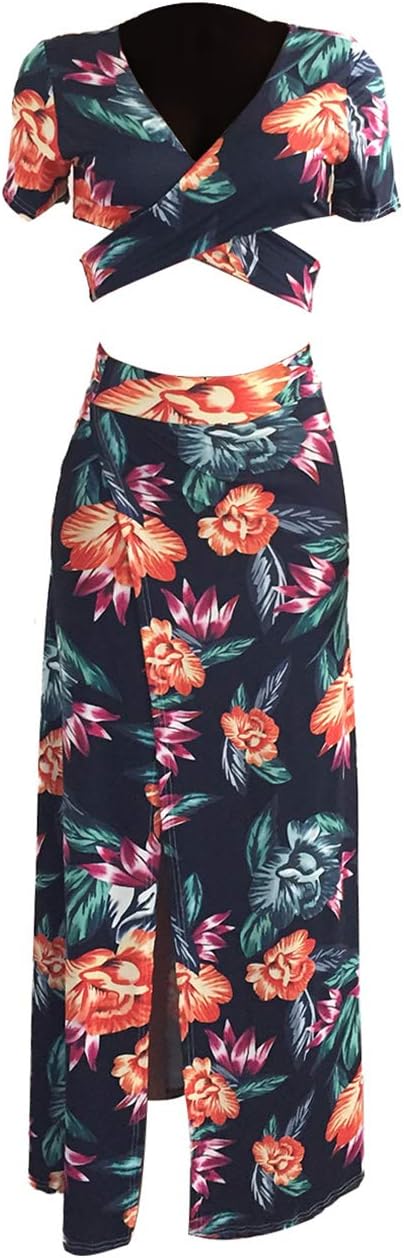 WOKANSE Women's Sexy 2 Piece Outfits Summer Beach Boho Floral Dress V Neck Crop Tops and High Split Maxi Skirt Sets - Image 6