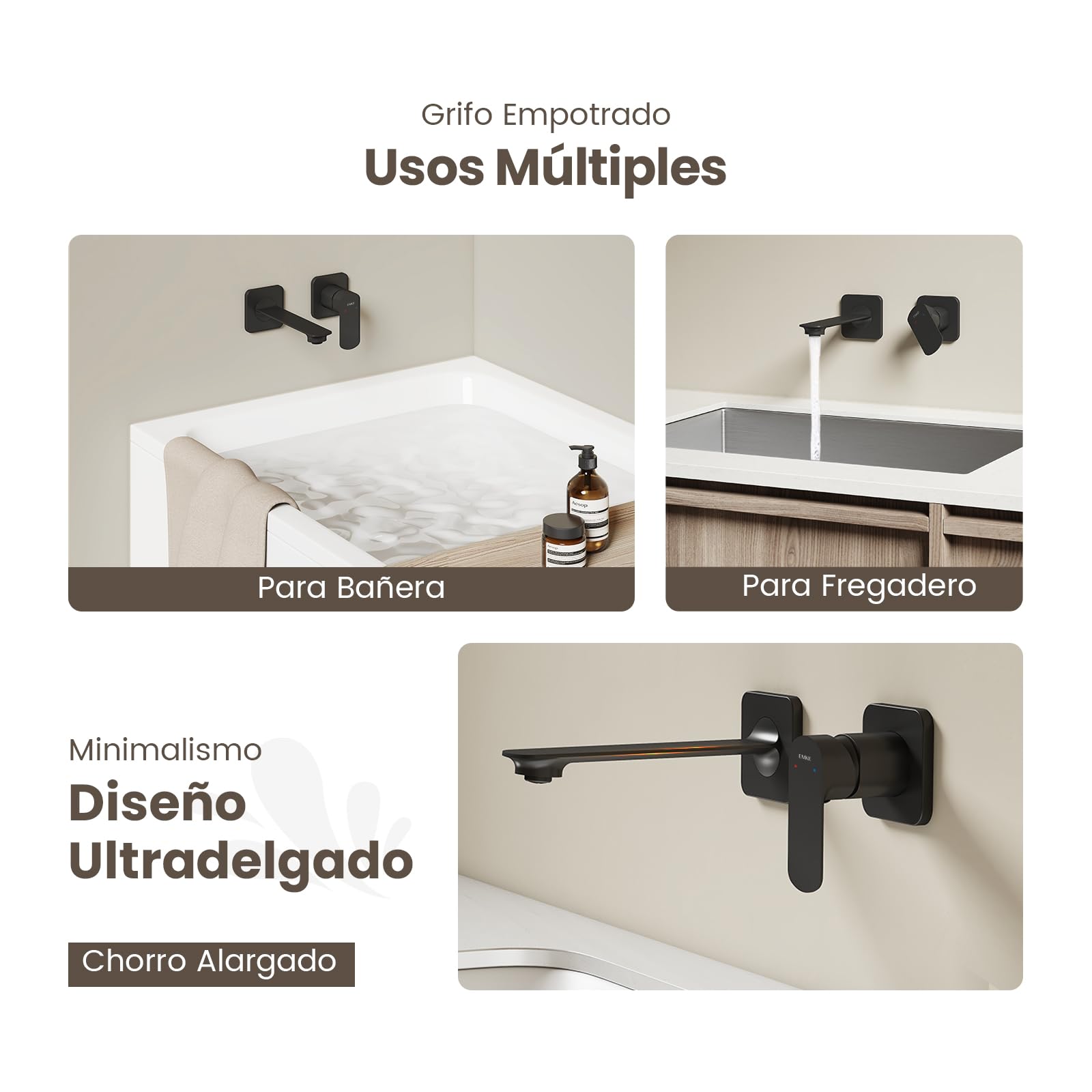 EMKE Grifo de Baño Modular, 233x127x110 mm, Cuerpo de Latón Negro Mate, Mezclador para Lavabo, Grifo de Cocina con Aireador, Cartucho Cerámico, Grifo de Lavabo