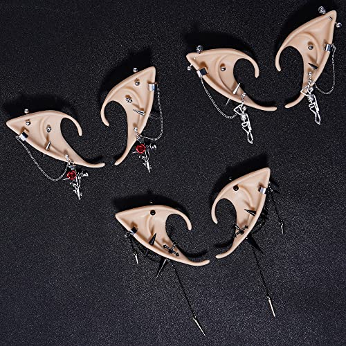FRESHME Gothic Elf Ears with Piercings - Silver Sterling Rose Skull Punk Earrings with 2 Pairs of Elf Fairy Ears Pixie Elven Ear Cuffs Ear Jewelry Clips Women Christmas Renaissance Halloween Custome Cosplay by FRESHME - Image 6