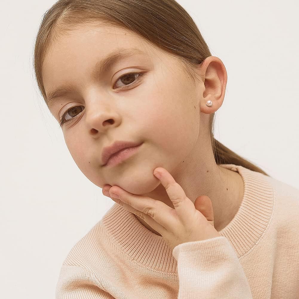 In Season Jewelry Pink Simulated Pearl Kids Earrings - 925 Sterling Silver Hypoallergenic Earrings for Girls with Safety Screw Backs - Safe & Comfortable for Toddlers, Kids & Little Girls, 3mm-5mm