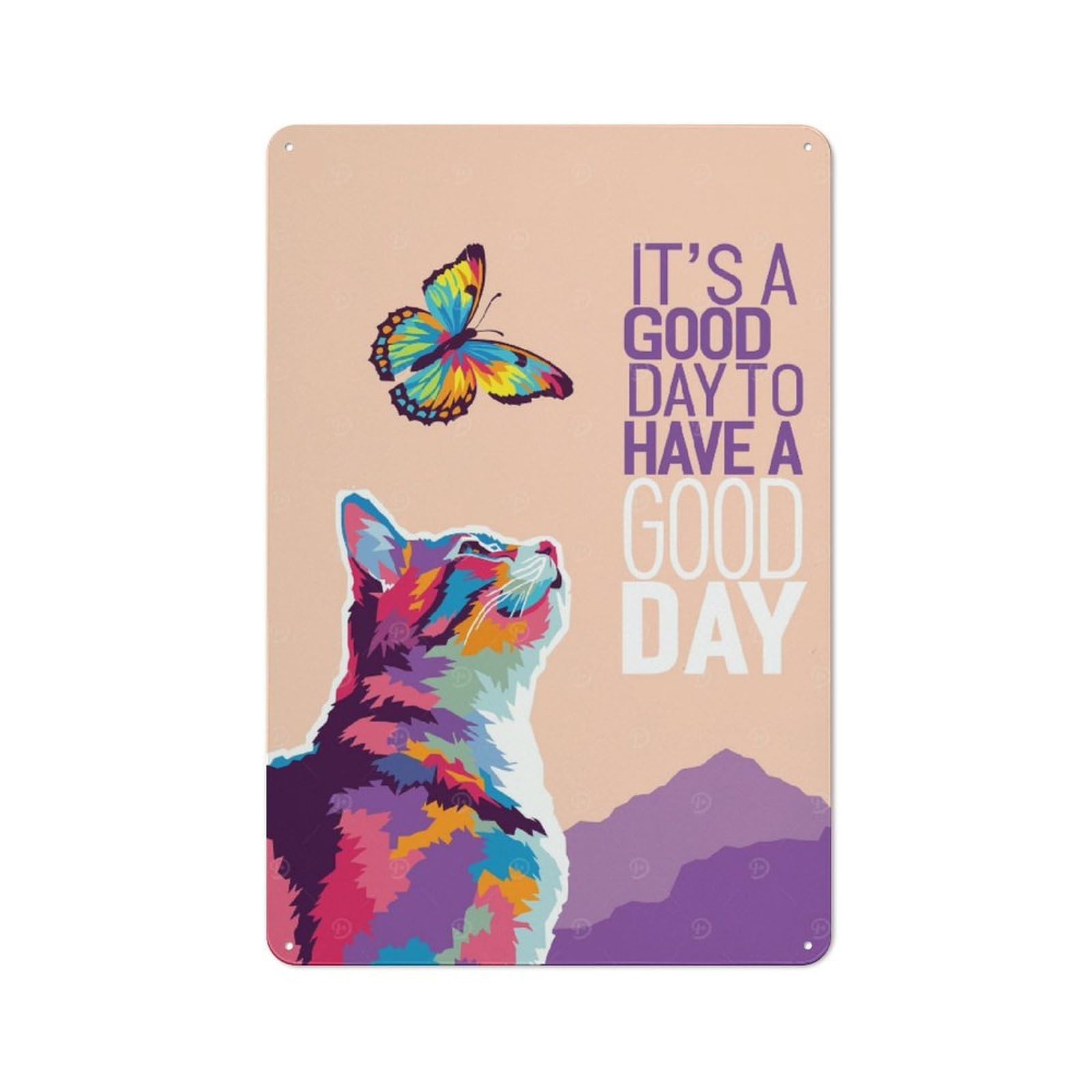 Understated Colorful Cat And Butterfly Good Day Metal Wall Plaque 30x20cm, Creative Space Decor for Office, Study, Studio Or Hallway