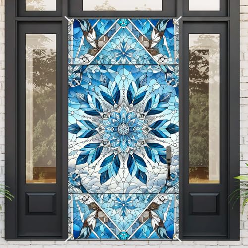 Image of Blue Mandala Stained Glass Door Cover 35x71in Crystal