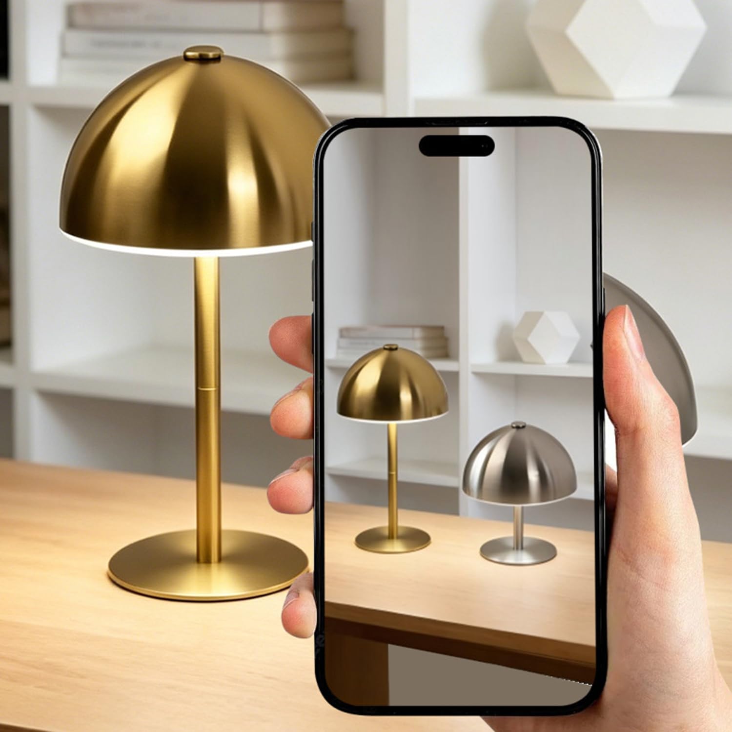 Lampada da tavolo a LED a forma di fungo in metallo senza fili dimmerabile con comando touch color oro ricaricabile tramite USB batteria da 1800mAh lampada da comodino senza cavi luce notturna,D'oro
