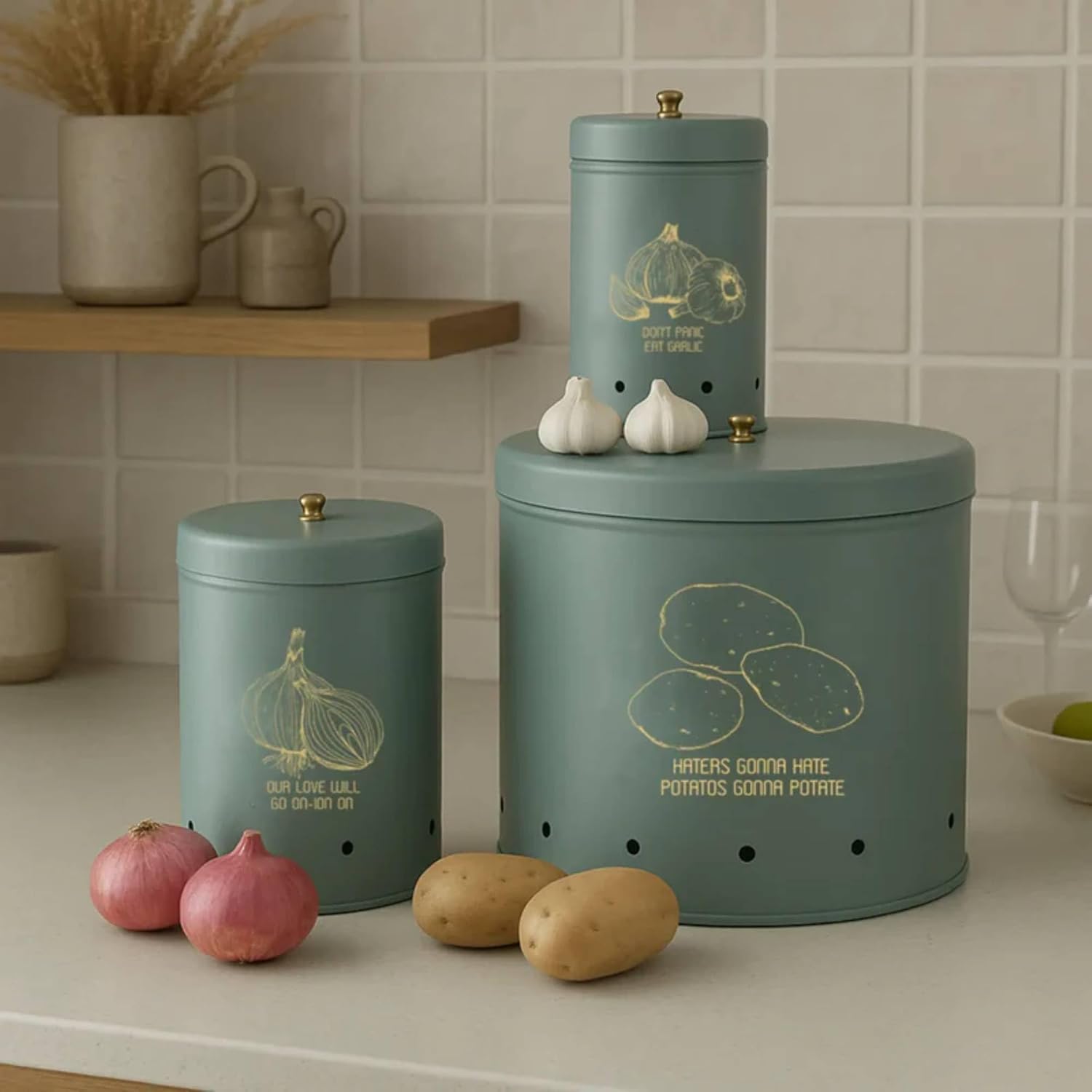 Elan Country Onion Potato Garlic Storage Container For Kitchen, Container For Kitchen Storage Set, Food Grade Storage Container With Lid, Set Of 3, Mild Steel (Set of 3, Moss Green)