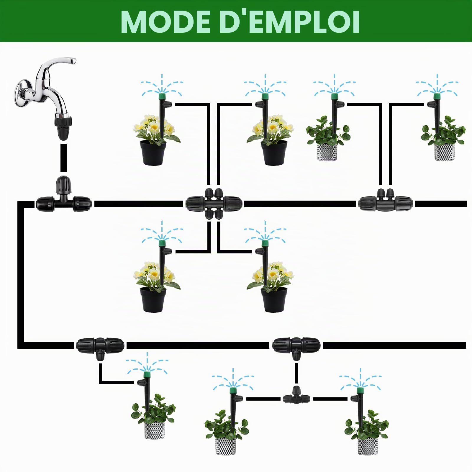 Kalolary 50 goutteurs d'irrigation goutte à goutte de 1/4" avec serrure, émetteurs d'irrigation goutte à goutte pour tuyau de 4/7 mm, réglable à 360 degrés 8 trous pulvérisateur de débit d'eau micro