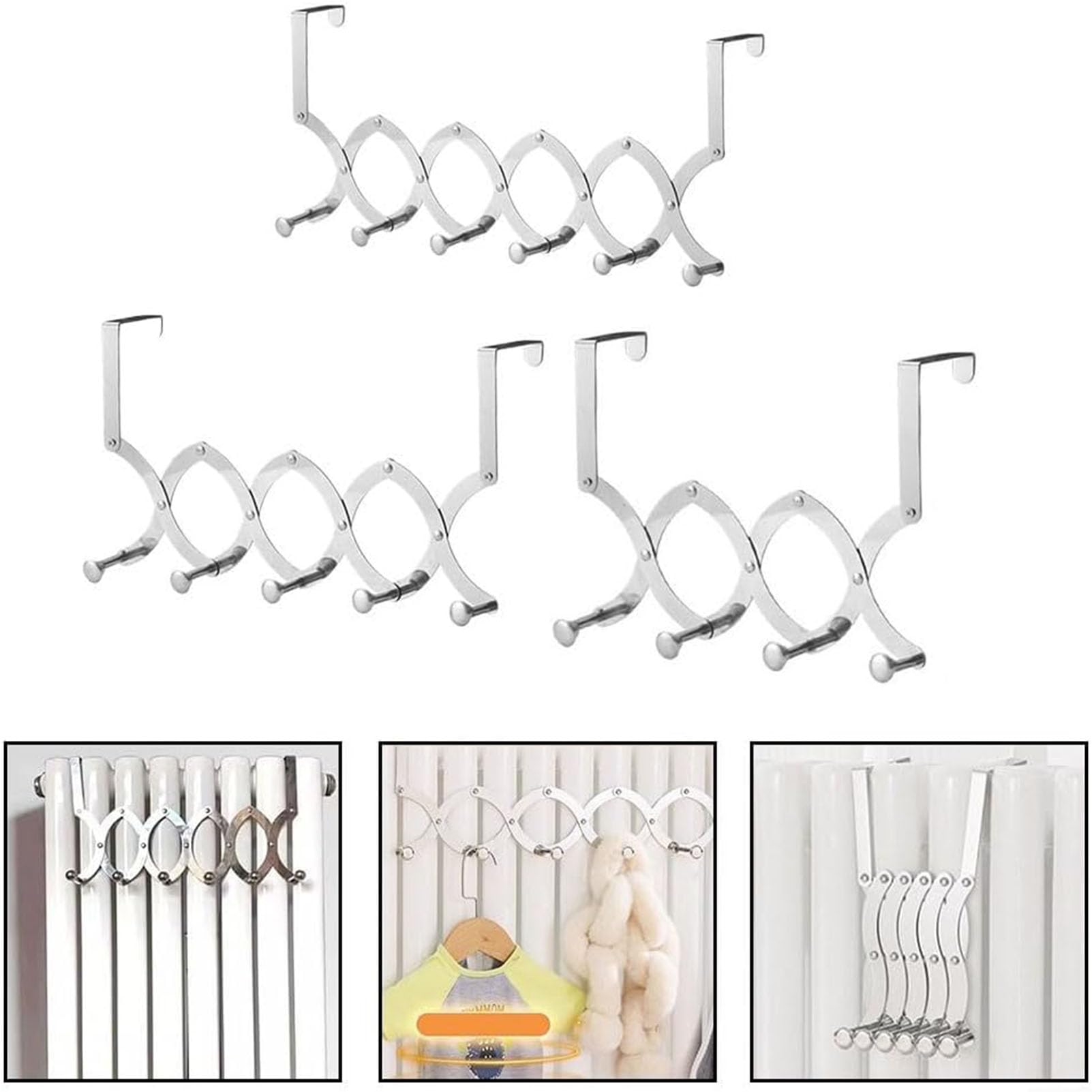 Einziehbarer Wäschetrockner aus Edelstahl, für Heizkörper konzipiert, über dem Heizrohr, Tablar für Ofenkleidung, Starke Belastbarkeit,Stainless Steel,Four Hooks
