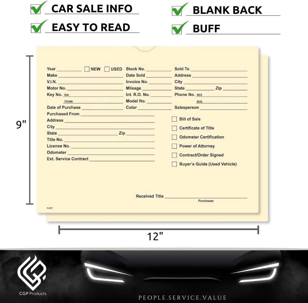 Printed Vehicle Deal Jackets Envelopes Folders for Auto Car Dealerships - 9x12 Size - Dealer Supplies - New and Used Cars - 100 Quantity (Buff)