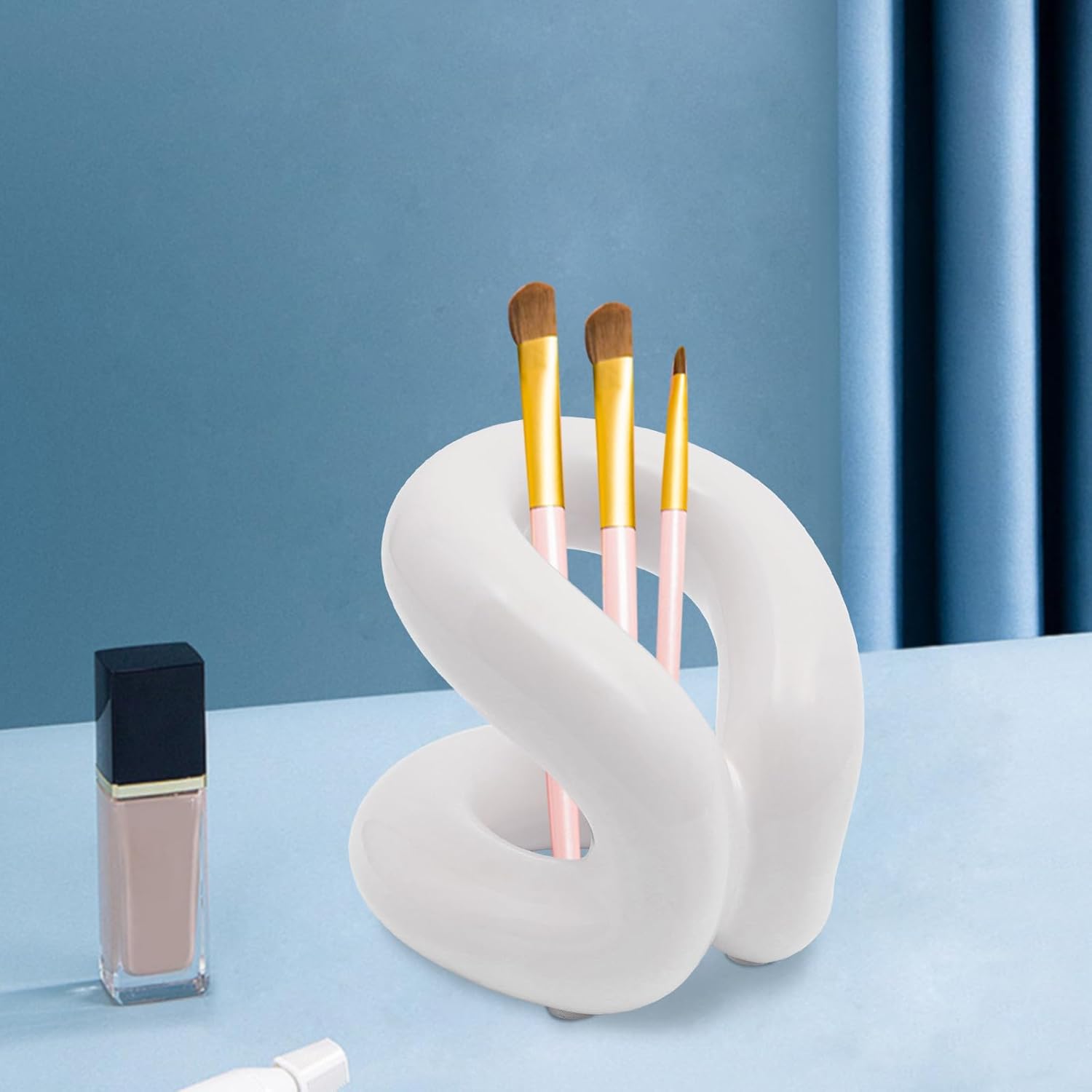Ceramic Holder Stand - Bathroom Cup - Space Saving Design - Toothbrush Holder for Bathroom, Countertops - Modern Ceramic Toothbrush Cup - Toothpaste Holder - Makeup Brush Cup Stand (Creamy White)