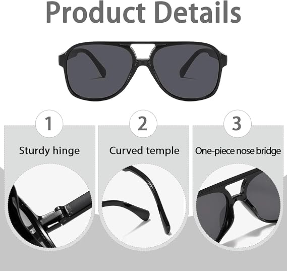 Retro Pilot Sunglasses Women Men Polarised 70s Vintage Square Shades Double Bridge UV400