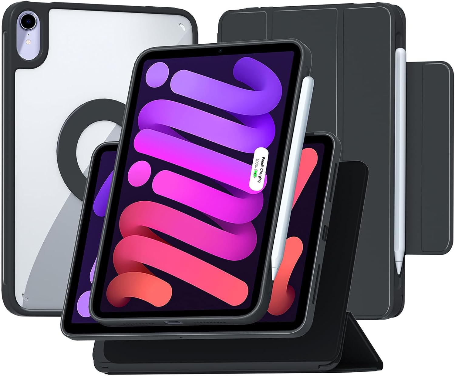 ZENLU iPad mini 6th 7th Generation Case with Removable Magnetic Folio Cover, Premium PU Leather, Multiple Angles, Pencil Charging Support, Full Protective Case for 8.3 inch iPad mini 6/7 (Black)