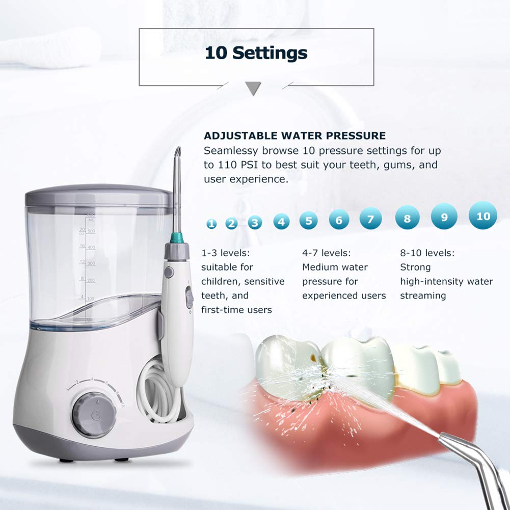 Munddusche Zahnwasserflosser Wasserstrahlreiniger Dental mit 7 Spitzen, 800 ml Fassungsvermögen, für die Mundpflege in der Familie