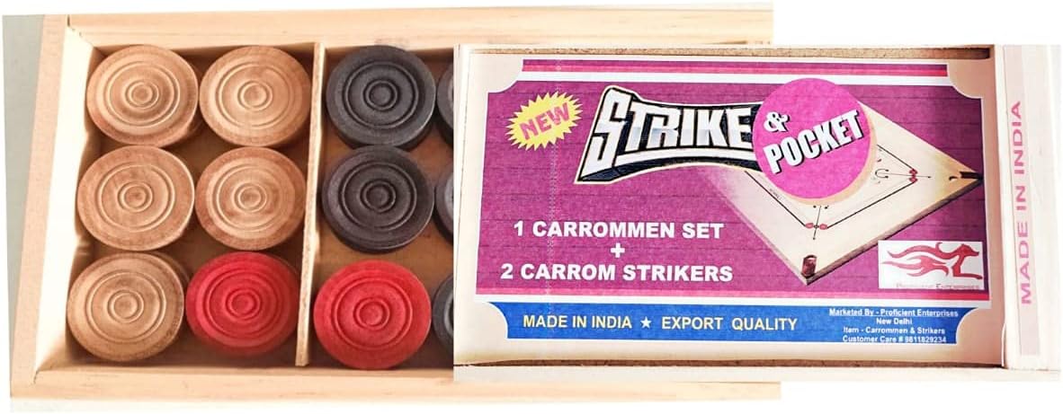 Professional Wooden Carrom Game Coins and 2 Striker Set ,Wooden Checkers (24 Pieces + 1 Striker with 2 Striker Cases(complete set comes in wooden case)