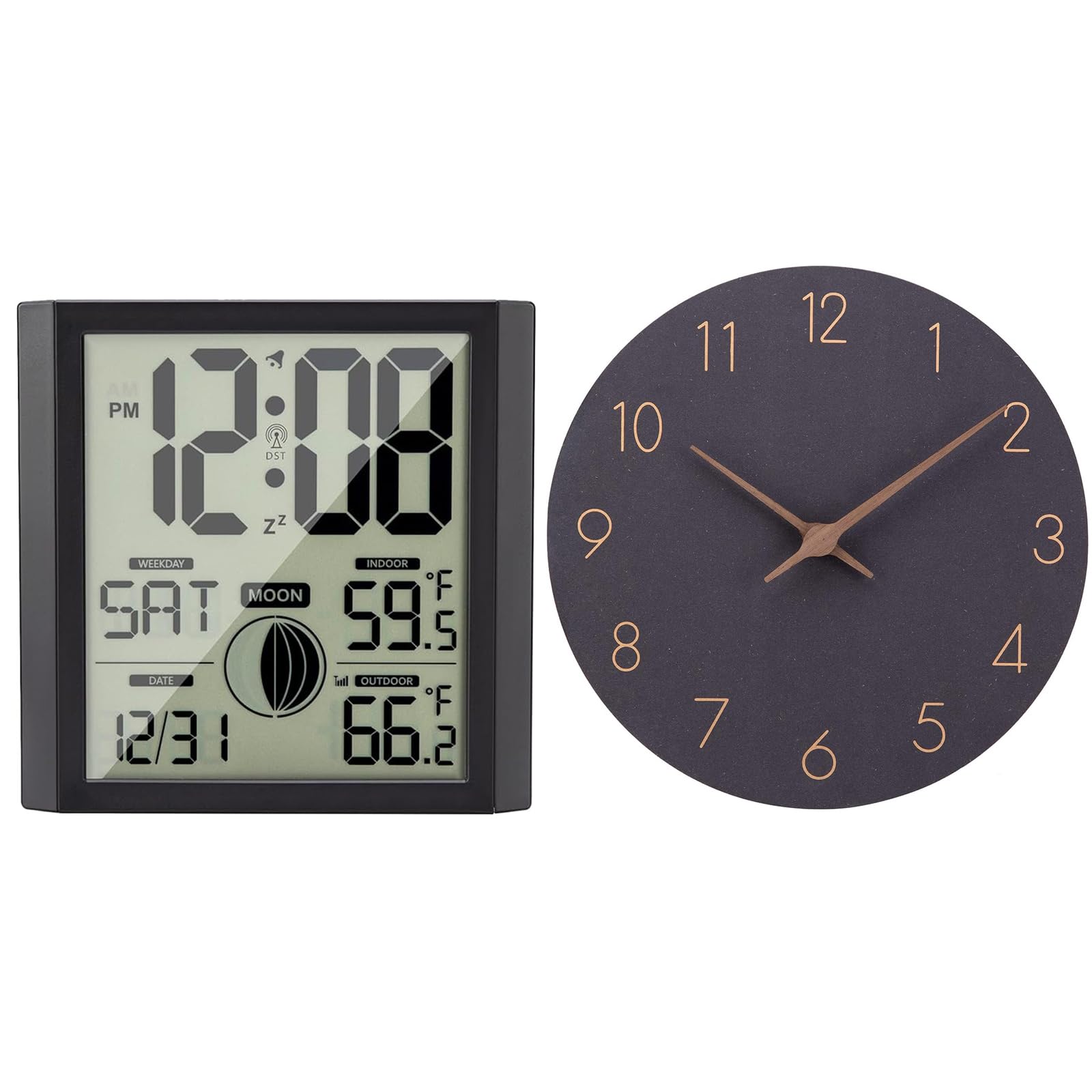 Warminn Atomic Wall Clock with Indoor Outdoor Temp Large Number Display Silent Battery Operated Alarm Analog Digital Clocks Black Wooden Clock
