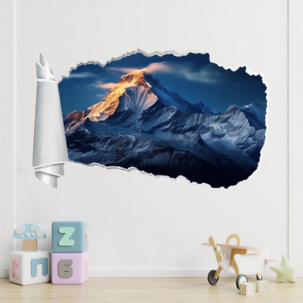 3D Durchbruch Wandtattoo Mädchen Sonnenaufgang Über Den Schneebedeckten Bergen Wandaufkleber Dekorative Naturlandschaft Wandsticker für Junge Teenager Zimmer Wohnzimmer Schlafzimmer Wandbilder Deko