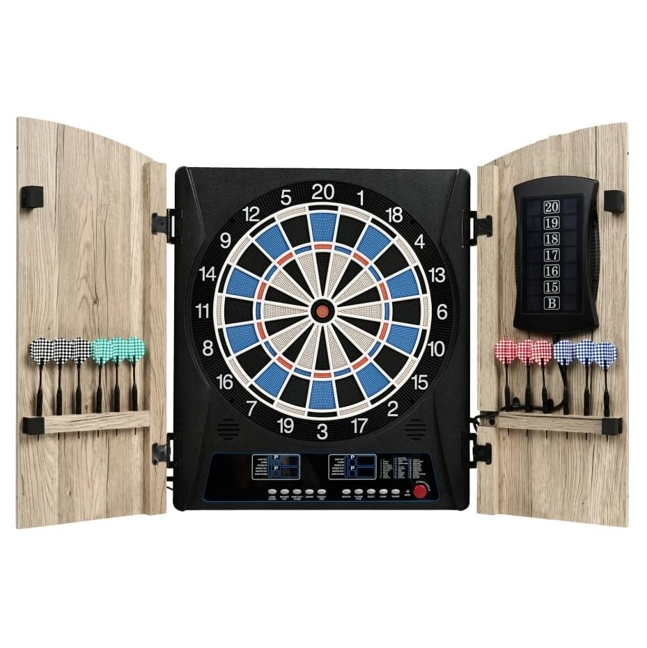 Electronic Dartboard Cabinet 12 Soft Tip Darts with Extra 40 Spare Tips Pre-Assembled Wall Mounted Design Built-in Dart Holsters Smart Dartboard Scoring 4 LED Display 34 Different Games