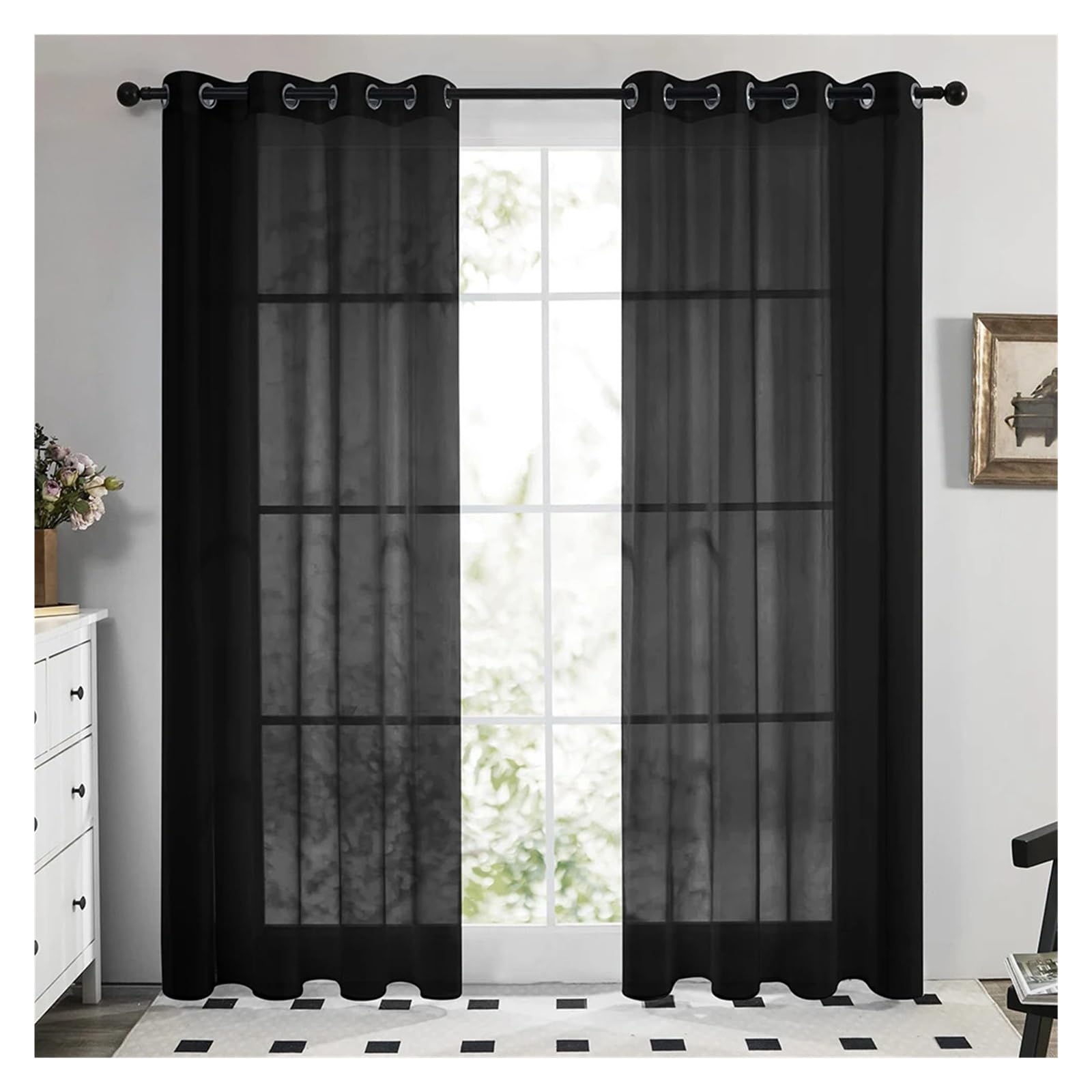 LGWW Home Room Blackout Curtains White Sheer Curtains Drapes Grommet Top for Living Room Bedroom Window Treatments(Black,132x274CM)