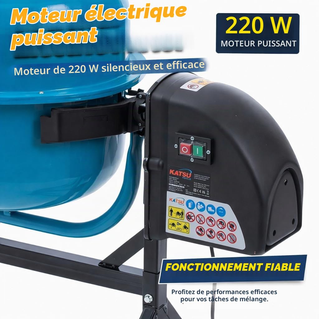 KATSU Tools Bétonnière électrique 63 L - 220 W - Machine à mélanger le mortier de ciment portable avec roues, support et poignée basculante, idéal pour bricolage et construction, modèle 167340