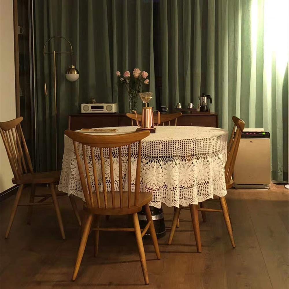 USTIDE 60 inch White Crochet Cotton Lace Tablecloth Elegant Floral Round Table Cloth Lace Dining Table Covers Kitchen Home Decor