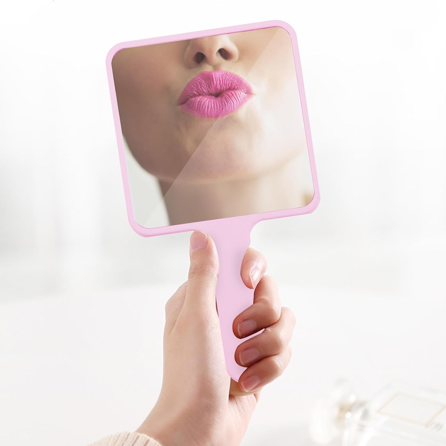 Handheld Cosmetic Mirror with Handle Portable Pink Makeup Mirror for Women Travel Vanity Compact Beauty Accessory image 5