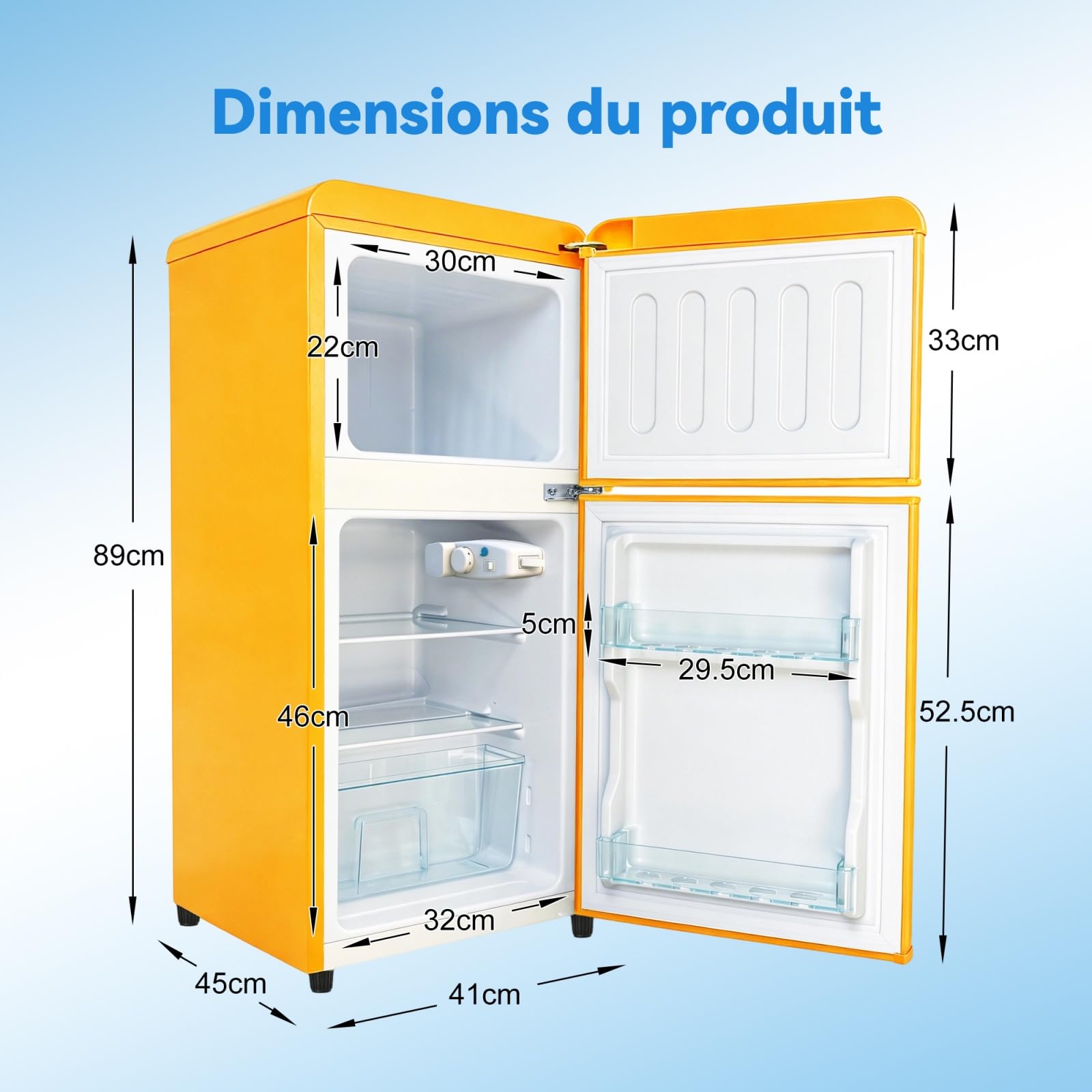Mini Frigo Congélateur Combiné 2 Portes 60 L Compact 41 cm (Jaune) | -18°C freezer, 45 dB silencieux, 7 niveaux 0-10°C, LED, étagères réglables, pour Chambre, Bureau et Salon, 41×45×89 cm