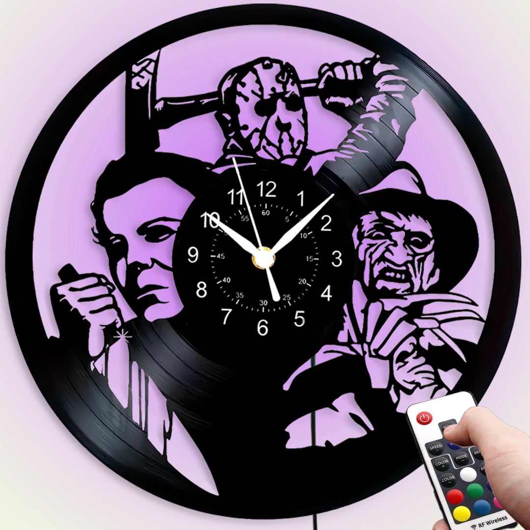 Horloge murale vinyle LED 30cm style horreur pour votre salle de cinéma privée