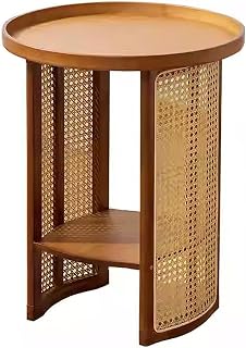 Round Double-Layer Side Table with Rattan Decoration Open Storage End Table Space-Saving for Living Room Balcony Space Saver(Brown,17.7 in)