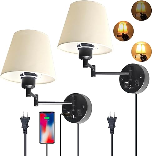 Lámparas de noche montadas en la pared con USB y enchufe de 2 pines, juego de 2 apliques de dormitorio con cable e interruptor, aplique de pared